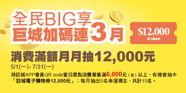 【全民Big享】消費滿額月月抽12,000元